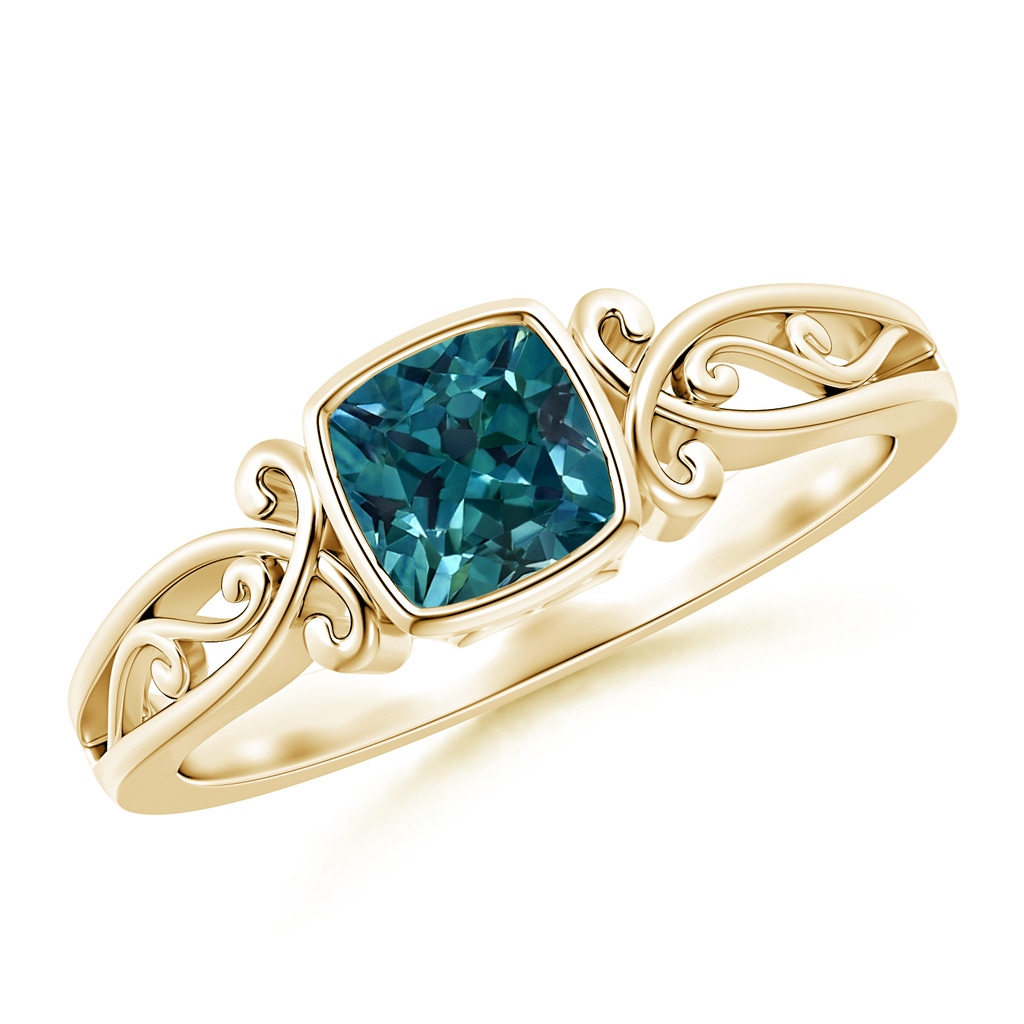 5mm AAA Vintage Style Cushion Teal Montana Sapphire Solitaire Ring in Yellow Gold