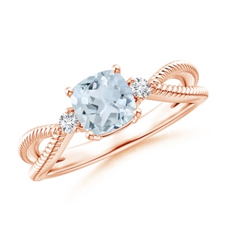6mm A Cushion Aquamarine Split Shank Ring with Rope Detailing in 9K Rose Gold