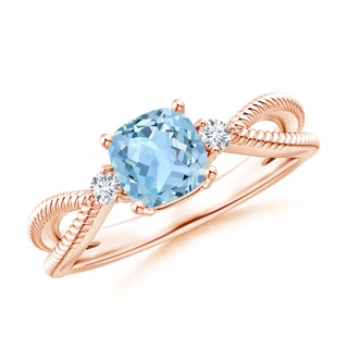 6mm AAA Cushion Aquamarine Split Shank Ring with Rope Detailing in 9K Rose Gold