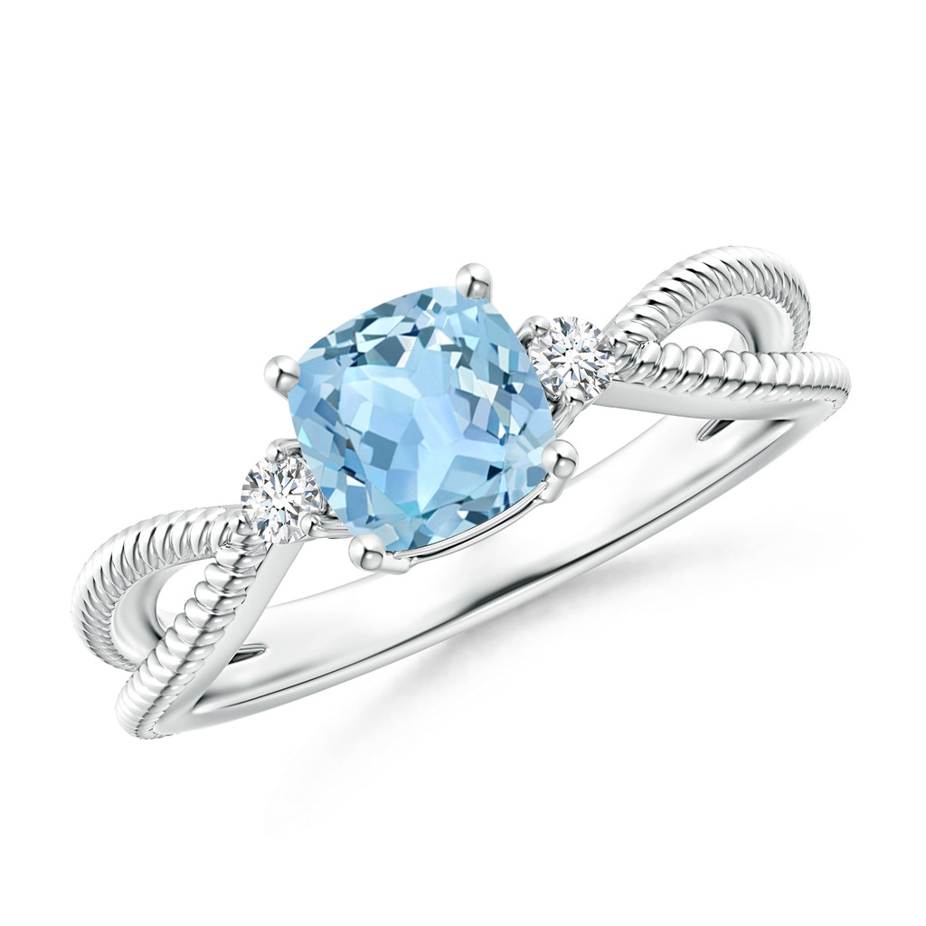 6mm AAA Cushion Aquamarine Split Shank Ring with Rope Detailing in White Gold