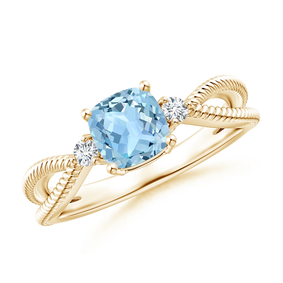 6mm AAA Cushion Aquamarine Split Shank Ring with Rope Detailing in Yellow Gold 