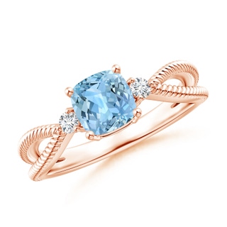 6mm AAAA Cushion Aquamarine Split Shank Ring with Rope Detailing in 9K Rose Gold