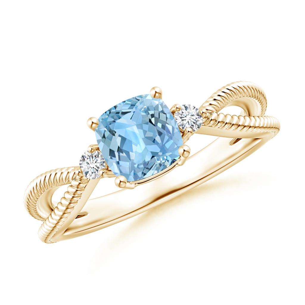 6mm AAAA Cushion Aquamarine Split Shank Ring with Rope Detailing in Yellow Gold