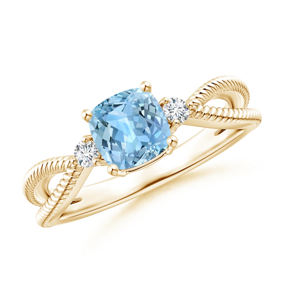 6mm AAAA Cushion Aquamarine Split Shank Ring with Rope Detailing in Yellow Gold 