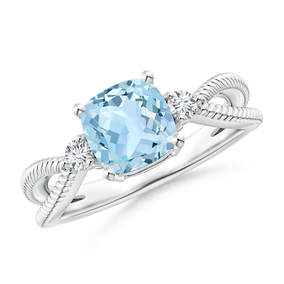 7mm AAA Cushion Aquamarine Split Shank Ring with Rope Detailing in White Gold 