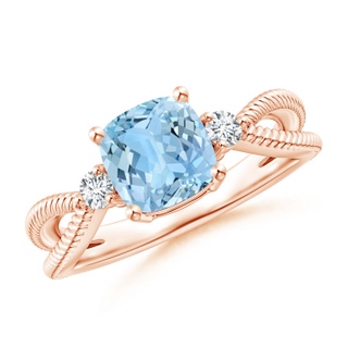 7mm AAAA Cushion Aquamarine Split Shank Ring with Rope Detailing in Rose Gold