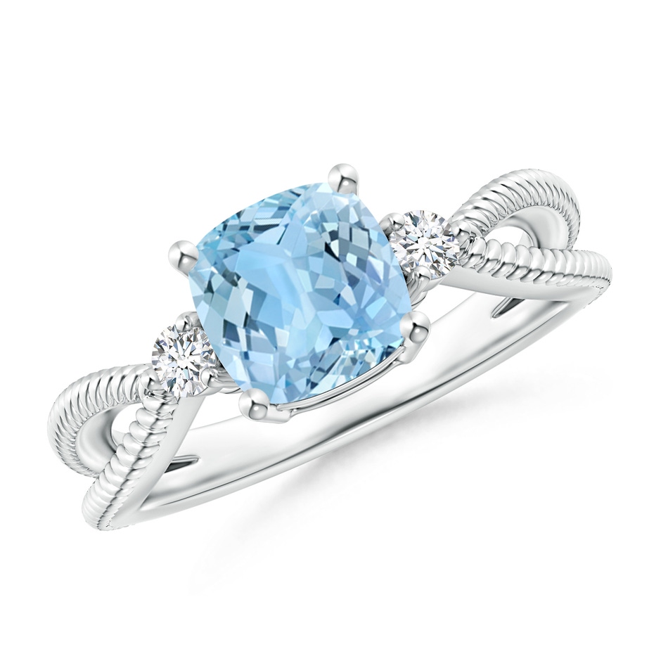 7mm AAAA Cushion Aquamarine Split Shank Ring with Rope Detailing in White Gold 