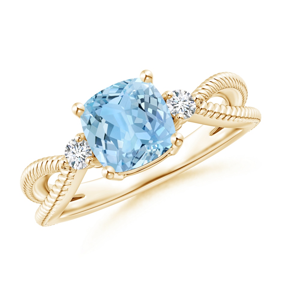 7mm AAAA Cushion Aquamarine Split Shank Ring with Rope Detailing in Yellow Gold 