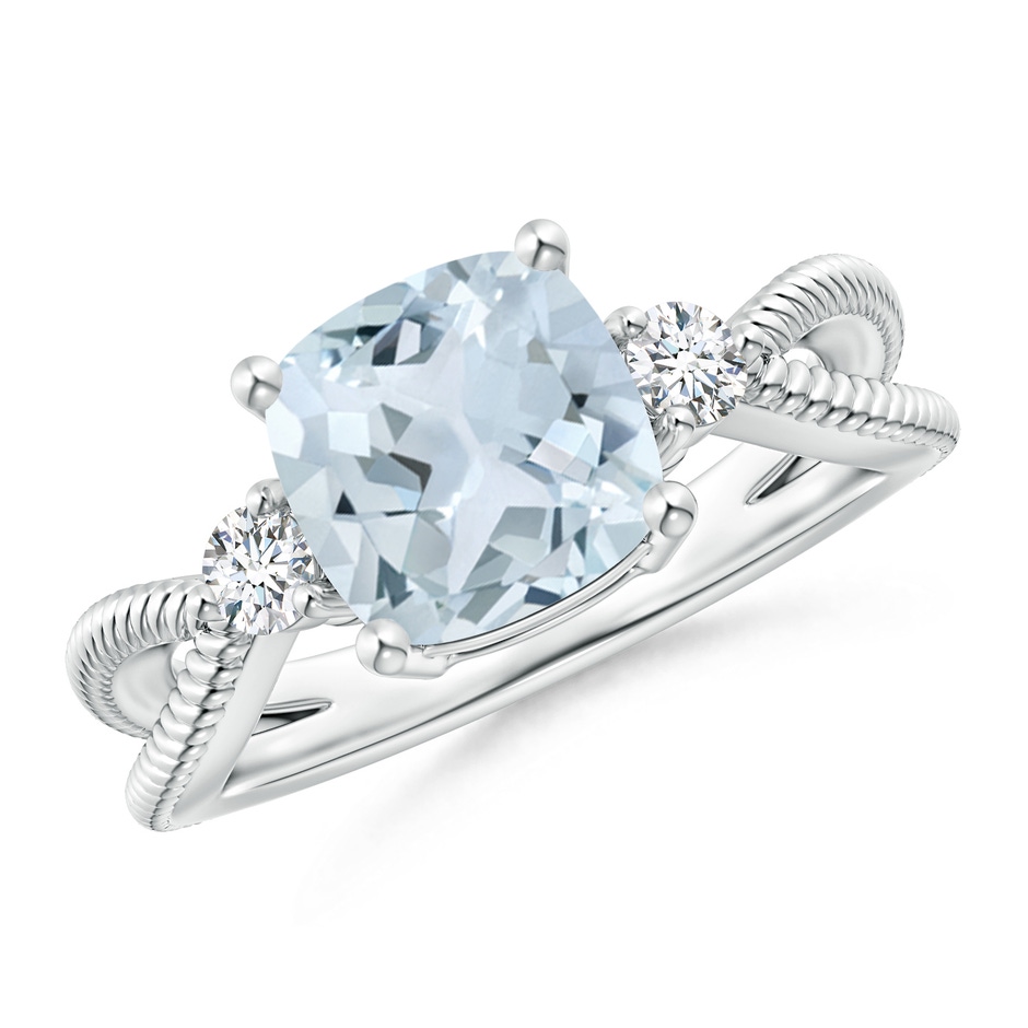 8mm A Cushion Aquamarine Split Shank Ring with Rope Detailing in White Gold 