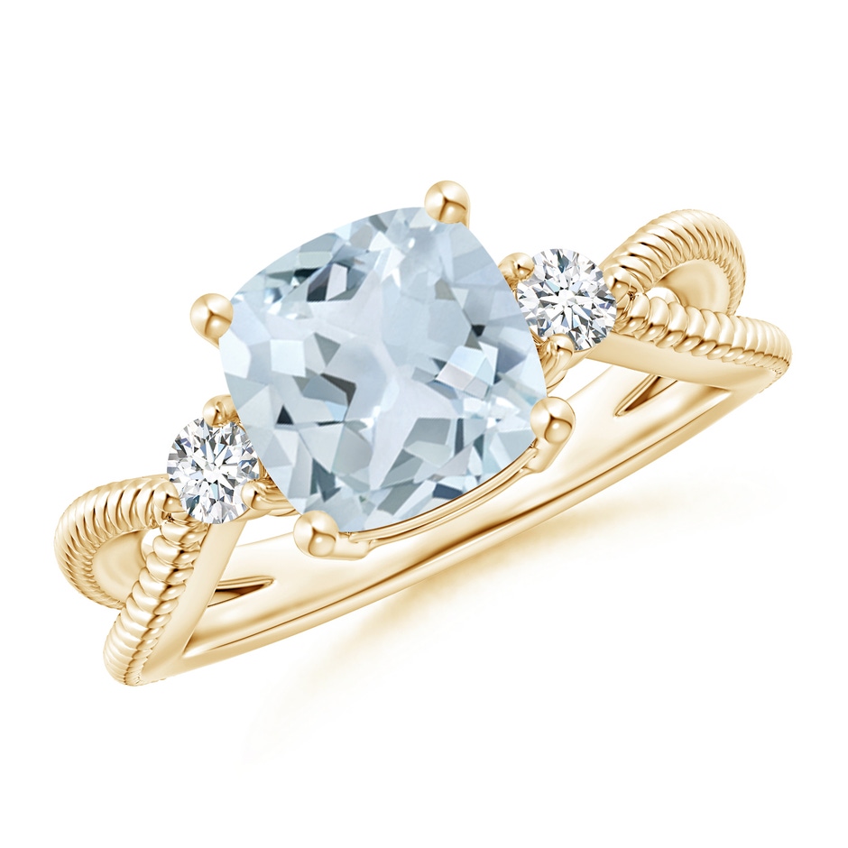 8mm A Cushion Aquamarine Split Shank Ring with Rope Detailing in Yellow Gold 