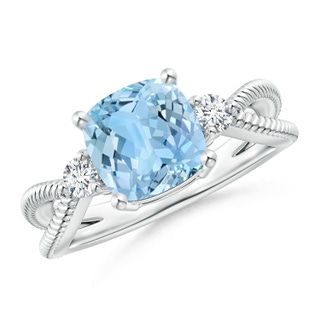 8mm AAAA Cushion Aquamarine Split Shank Ring with Rope Detailing in P950 Platinum
