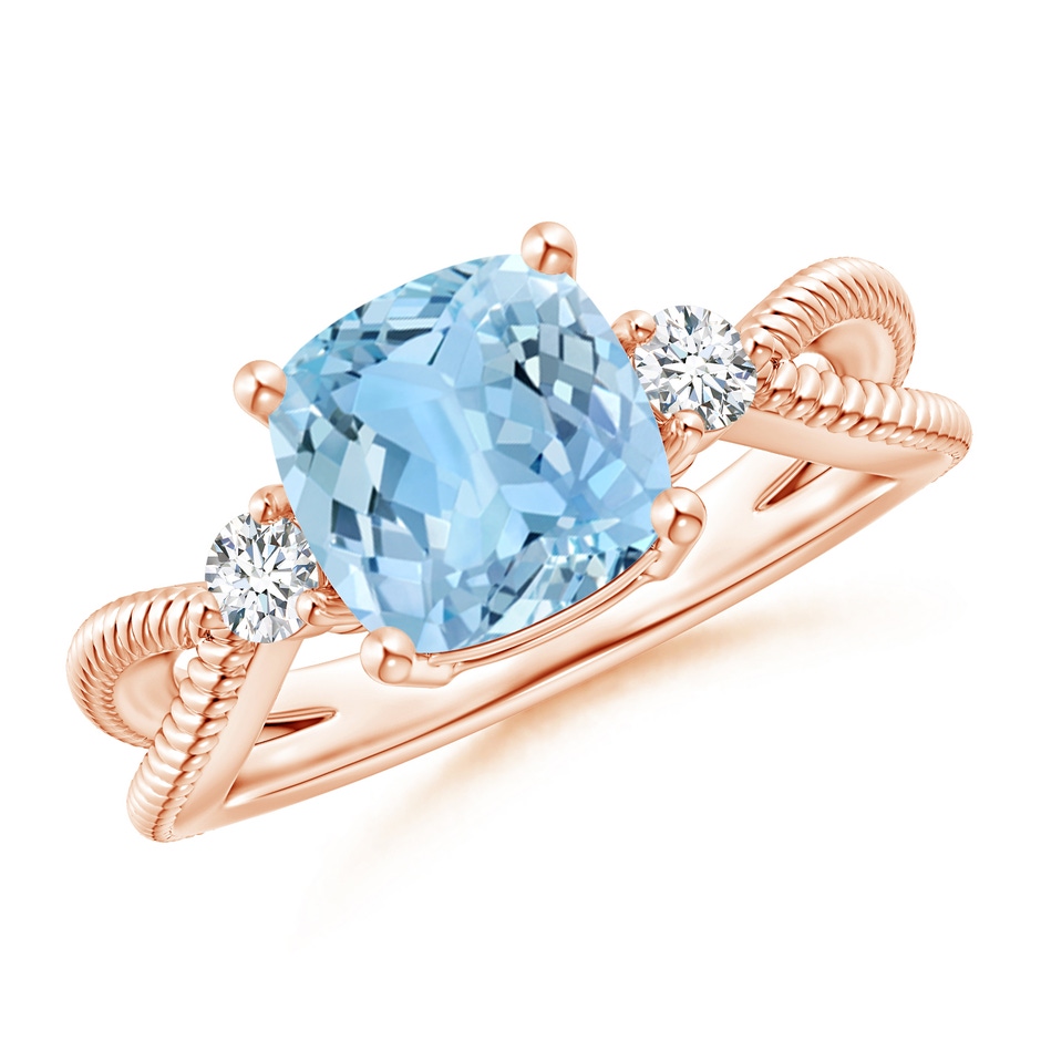 8mm AAAA Cushion Aquamarine Split Shank Ring with Rope Detailing in Rose Gold 