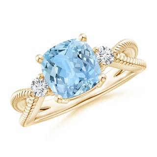 8mm AAAA Cushion Aquamarine Split Shank Ring with Rope Detailing in Yellow Gold