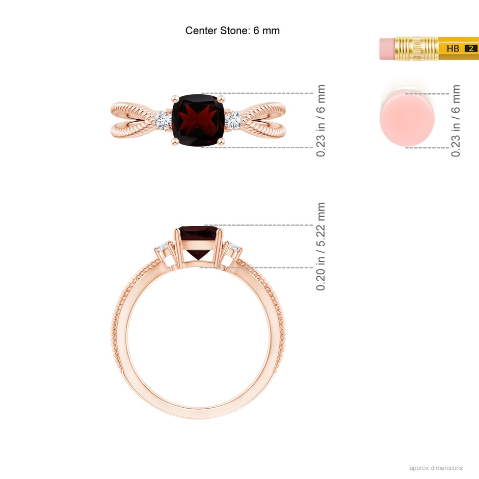 6mm A Cushion Garnet Split Shank Ring with Rope Detailing in Rose Gold Ruler