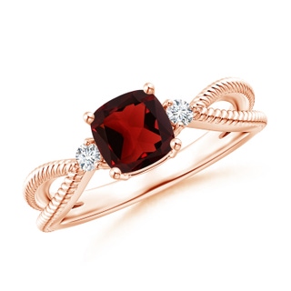 6mm AAA Cushion Garnet Split Shank Ring with Rope Detailing in Rose Gold