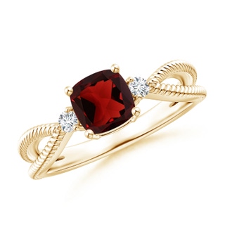 6mm AAA Cushion Garnet Split Shank Ring with Rope Detailing in Yellow Gold