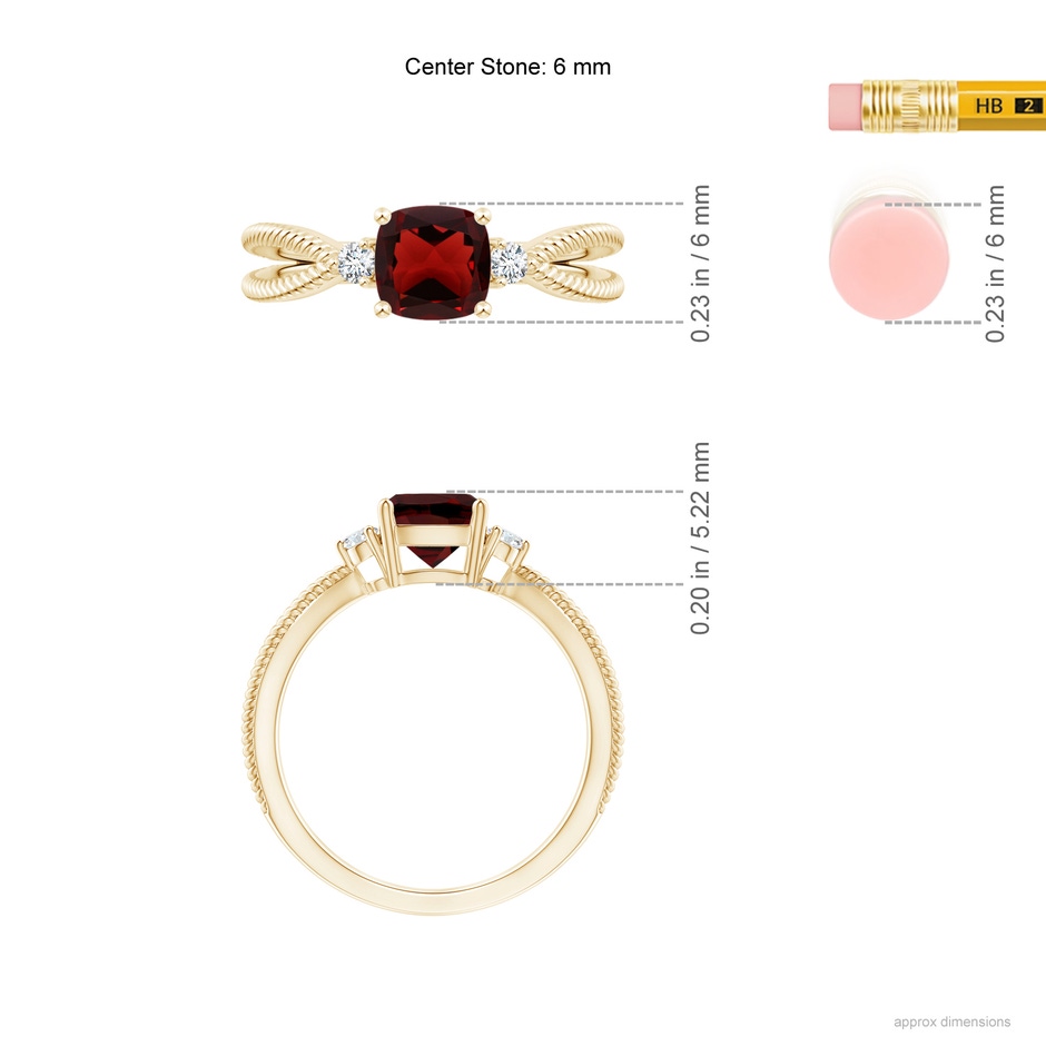 6mm AAA Cushion Garnet Split Shank Ring with Rope Detailing in Yellow Gold Ruler
