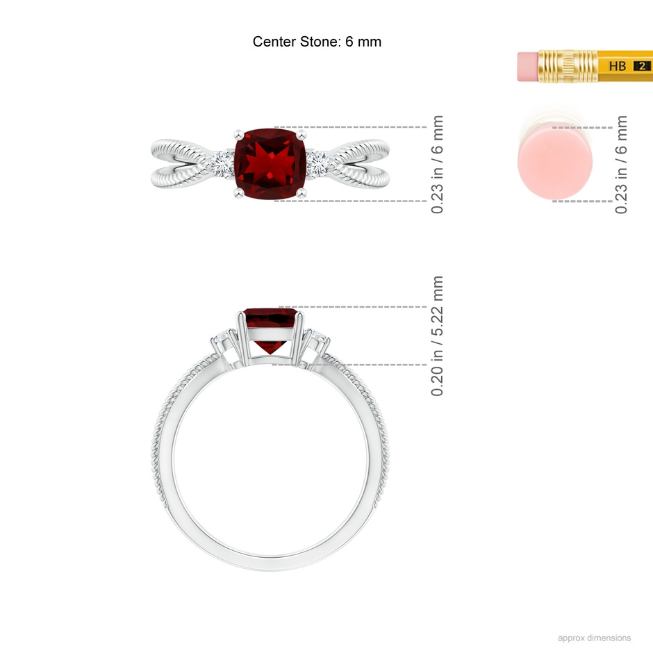 6mm AAAA Cushion Garnet Split Shank Ring with Rope Detailing in White Gold Ruler