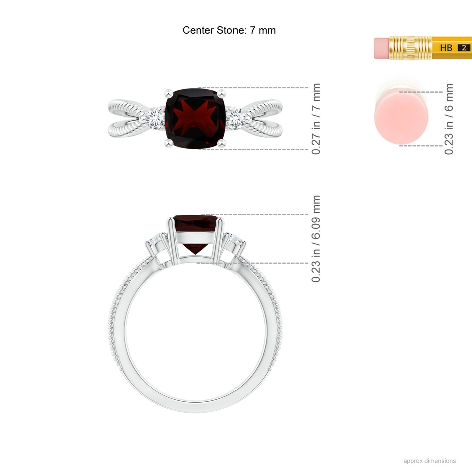 7mm A Cushion Garnet Split Shank Ring with Rope Detailing in P950 Platinum Ruler