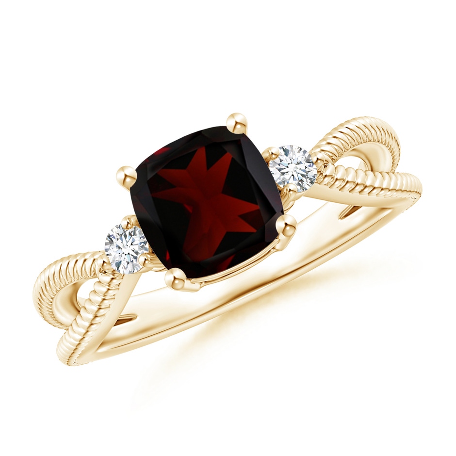 7mm A Cushion Garnet Split Shank Ring with Rope Detailing in Yellow Gold 