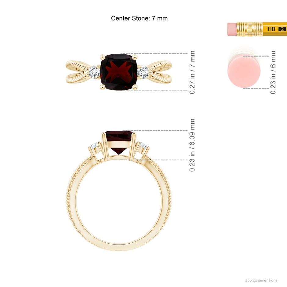 7mm A Cushion Garnet Split Shank Ring with Rope Detailing in Yellow Gold Ruler