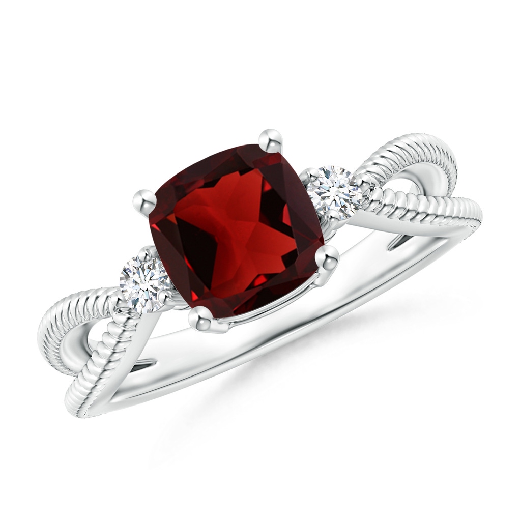 7mm AAA Cushion Garnet Split Shank Ring with Rope Detailing in White Gold
