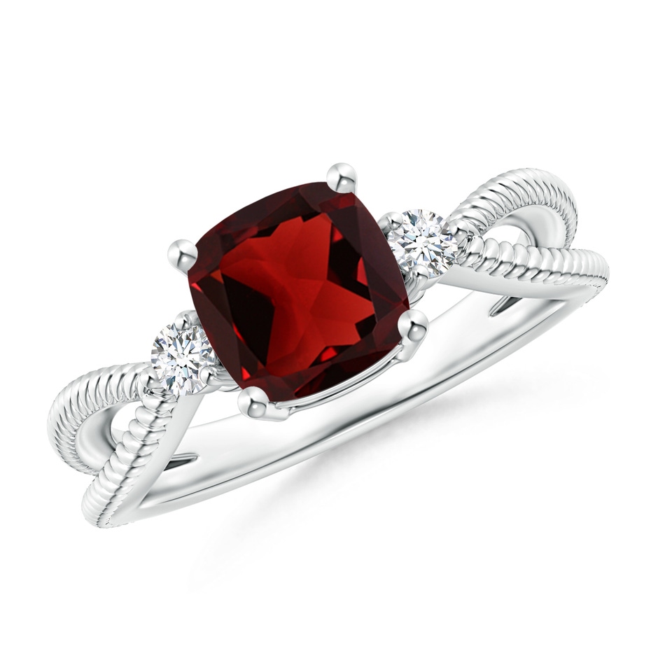 7mm AAA Cushion Garnet Split Shank Ring with Rope Detailing in White Gold 