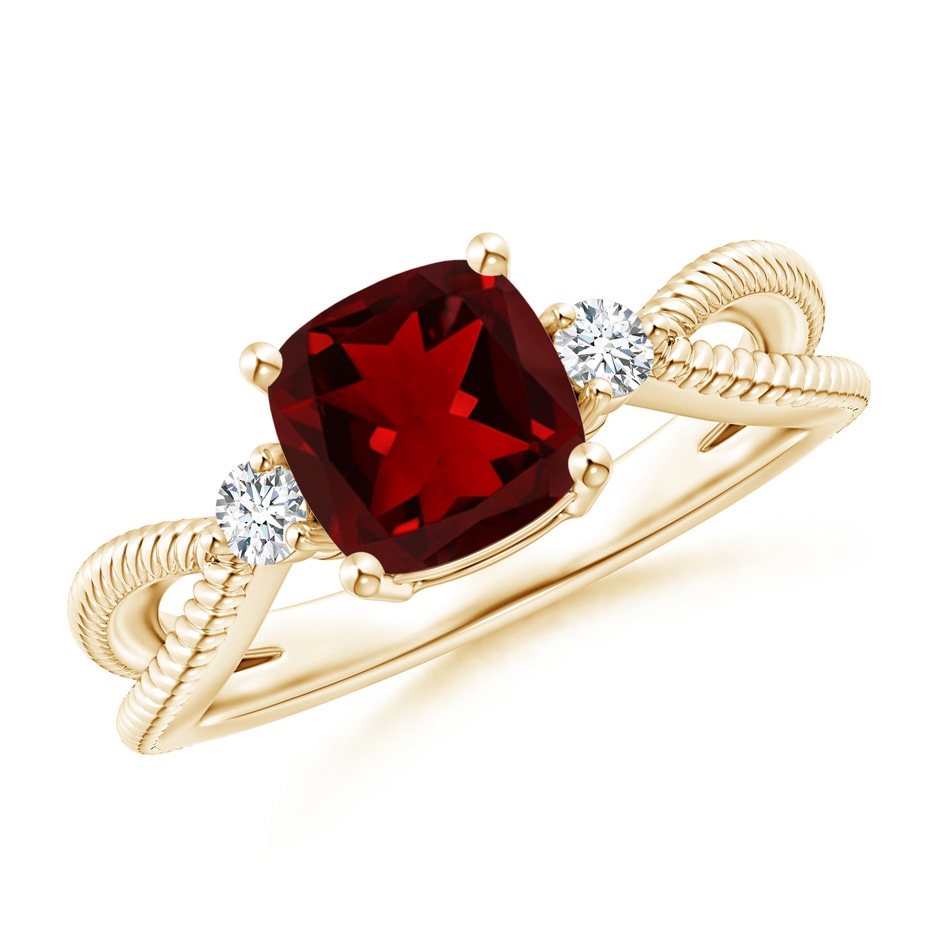 7mm AAAA Cushion Garnet Split Shank Ring with Rope Detailing in Yellow Gold 