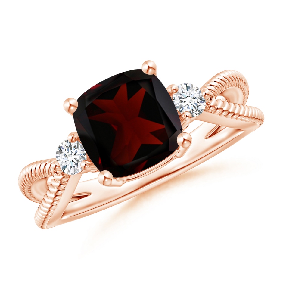8mm A Cushion Garnet Split Shank Ring with Rope Detailing in Rose Gold 