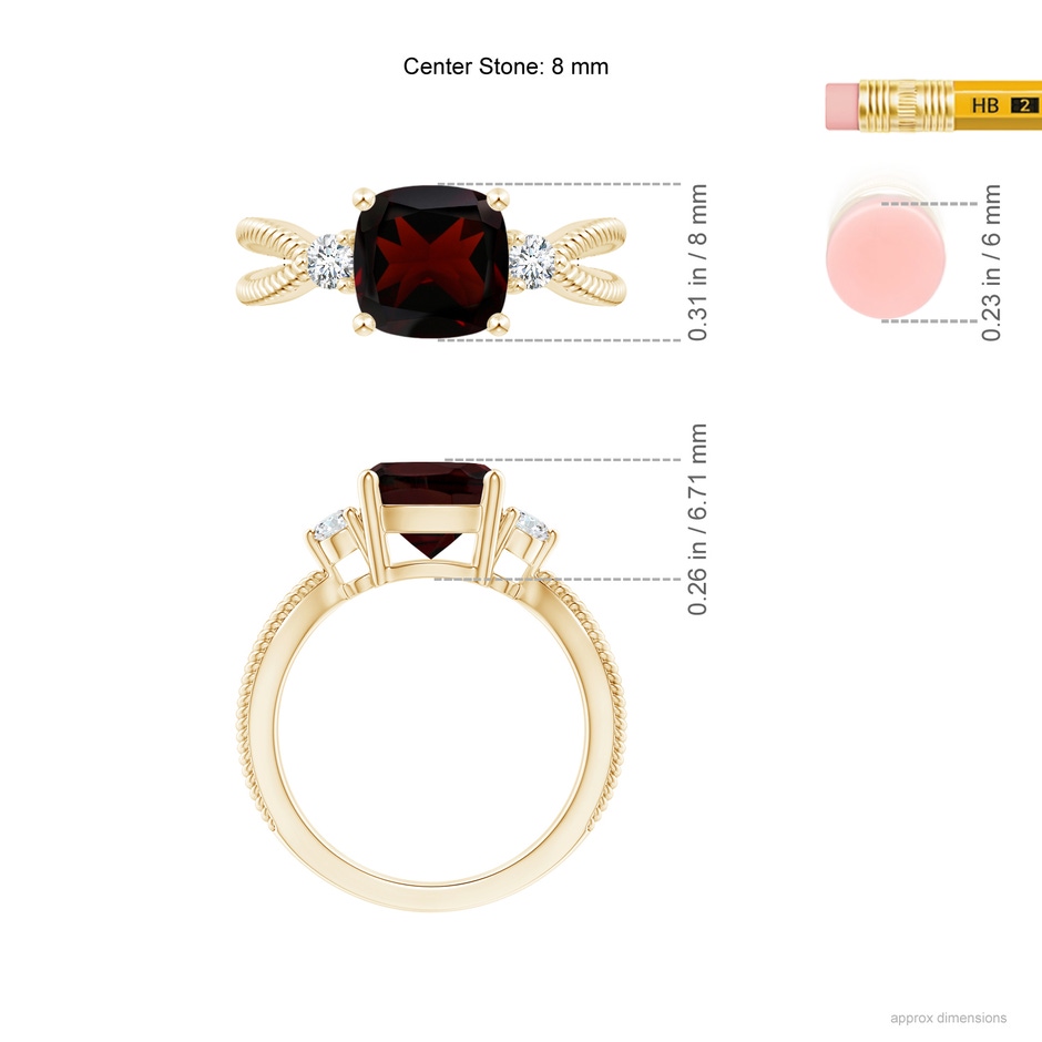 8mm A Cushion Garnet Split Shank Ring with Rope Detailing in Yellow Gold Ruler