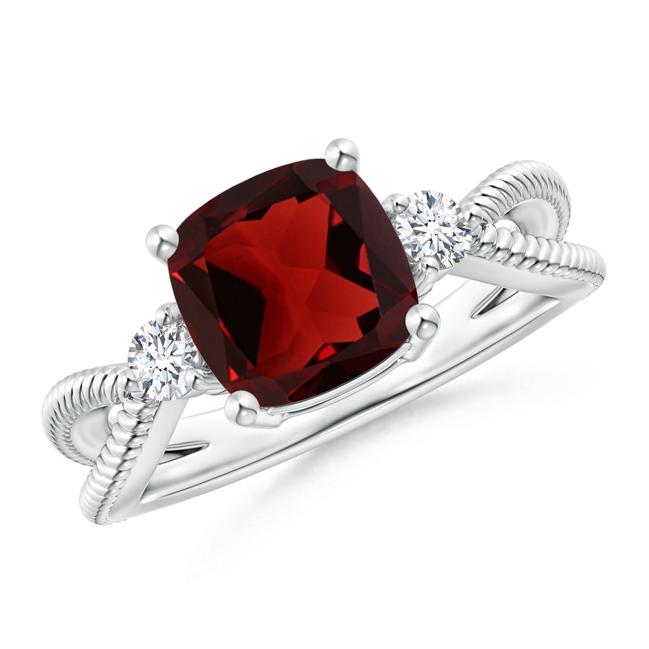 8mm AAA Cushion Garnet Split Shank Ring with Rope Detailing in White Gold 