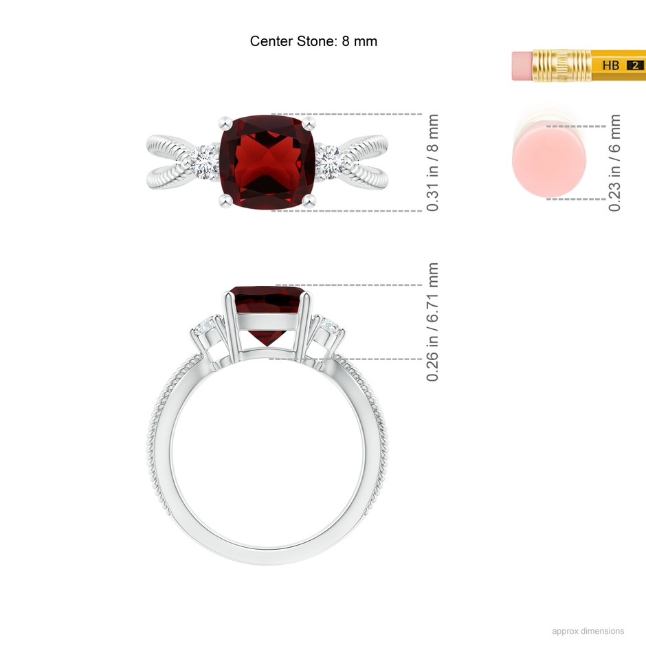 8mm AAA Cushion Garnet Split Shank Ring with Rope Detailing in White Gold Ruler