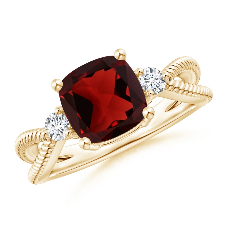 8mm AAA Cushion Garnet Split Shank Ring with Rope Detailing in Yellow Gold 