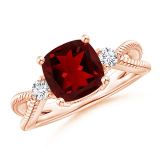 8mm AAAA Cushion Garnet Split Shank Ring with Rope Detailing in Rose Gold