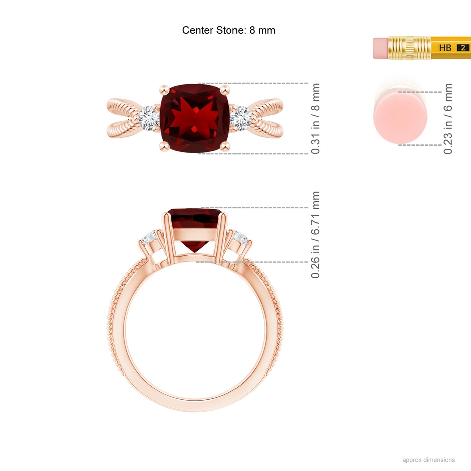 8mm AAAA Cushion Garnet Split Shank Ring with Rope Detailing in Rose Gold Ruler
