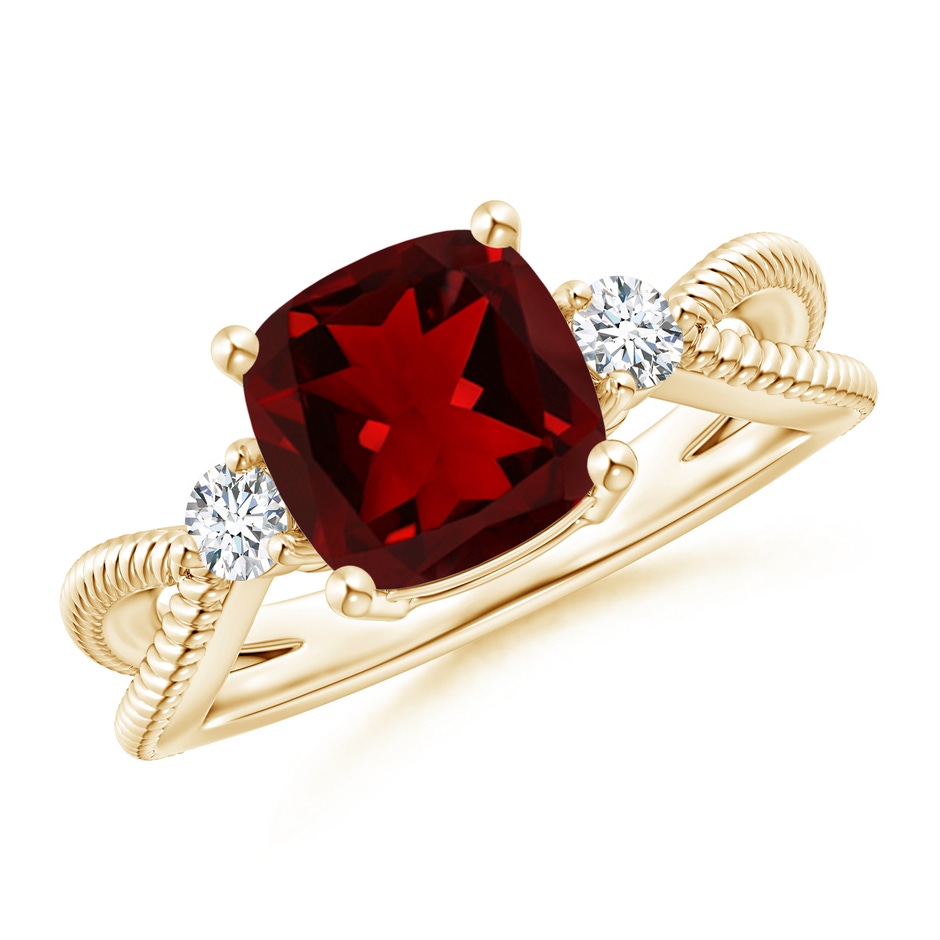 8mm AAAA Cushion Garnet Split Shank Ring with Rope Detailing in Yellow Gold 