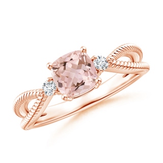 6mm AAAA Cushion Morganite Split Shank Ring with Rope Detailing in Rose Gold