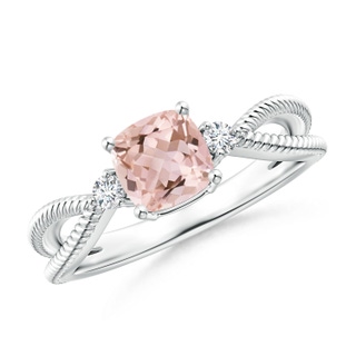 6mm AAAA Cushion Morganite Split Shank Ring with Rope Detailing in White Gold