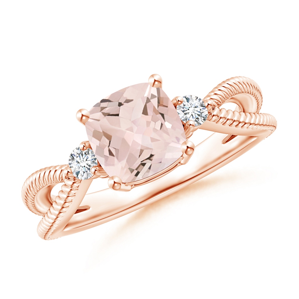 7mm AA Cushion Morganite Split Shank Ring with Rope Detailing in Rose Gold