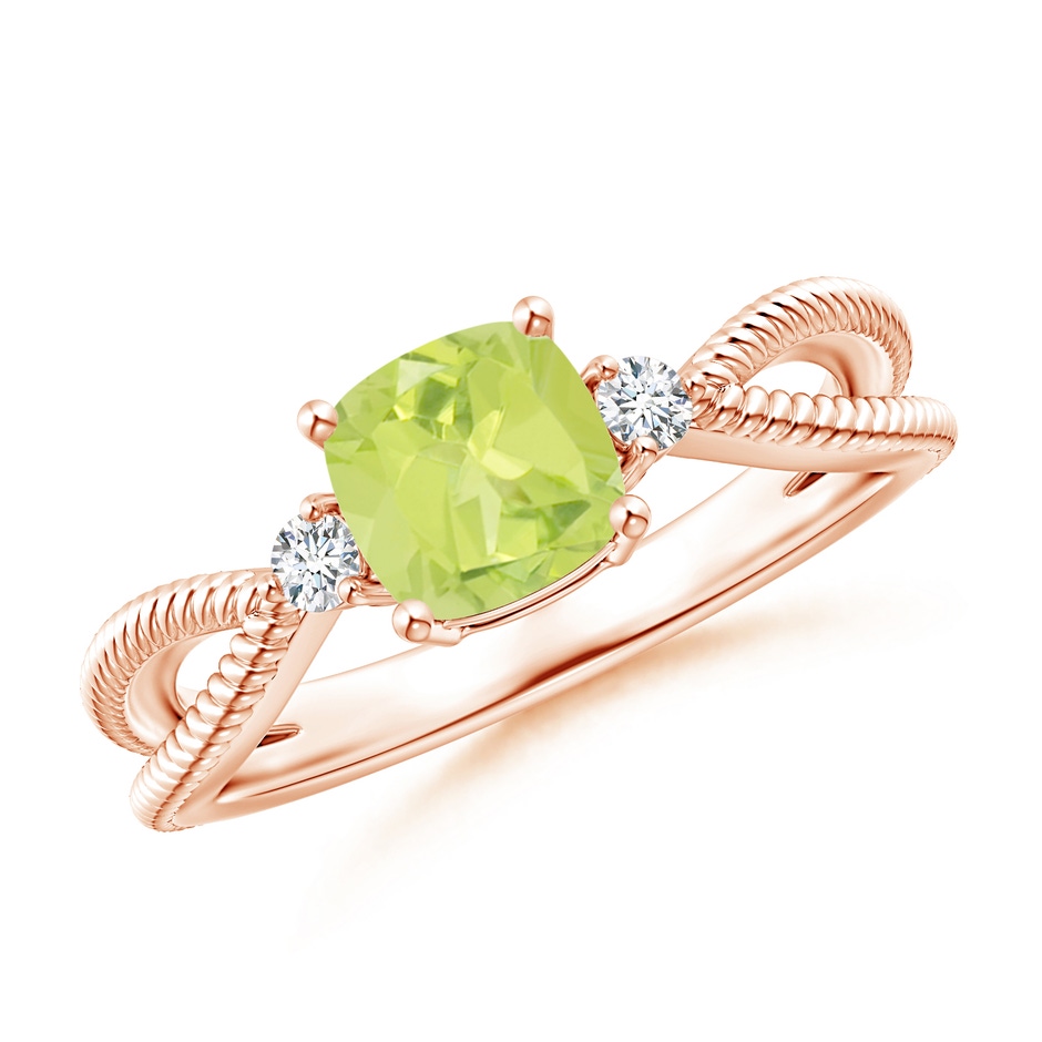 6mm A Cushion Peridot Split Shank Ring with Rope Detailing in Rose Gold 