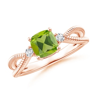 6mm AAA Cushion Peridot Split Shank Ring with Rope Detailing in 9K Rose Gold