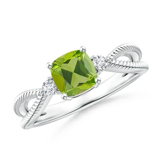 6mm AAA Cushion Peridot Split Shank Ring with Rope Detailing in 9K White Gold