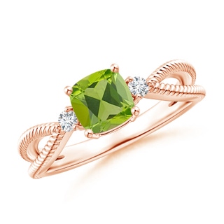 6mm AAA Cushion Peridot Split Shank Ring with Rope Detailing in Rose Gold