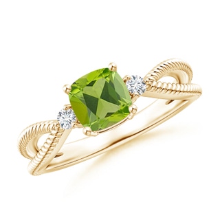 6mm AAA Cushion Peridot Split Shank Ring with Rope Detailing in Yellow Gold