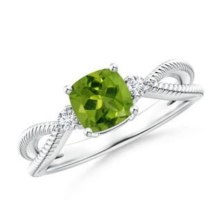 6mm AAAA Cushion Peridot Split Shank Ring with Rope Detailing in P950 Platinum
