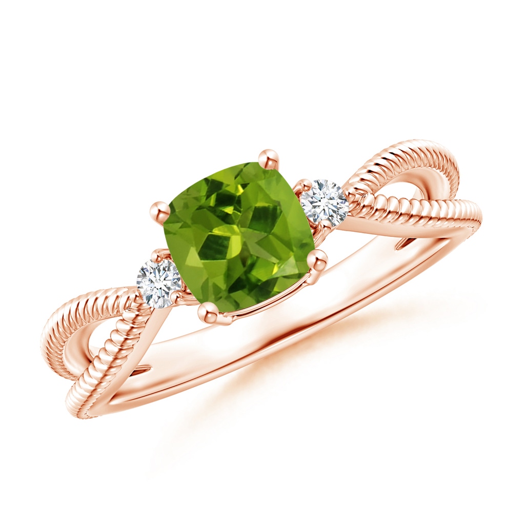 6mm AAAA Cushion Peridot Split Shank Ring with Rope Detailing in Rose Gold