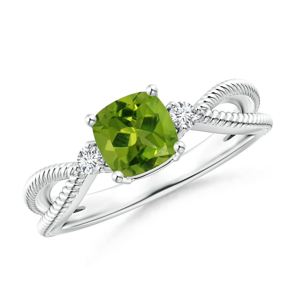 6mm AAAA Cushion Peridot Split Shank Ring with Rope Detailing in White Gold