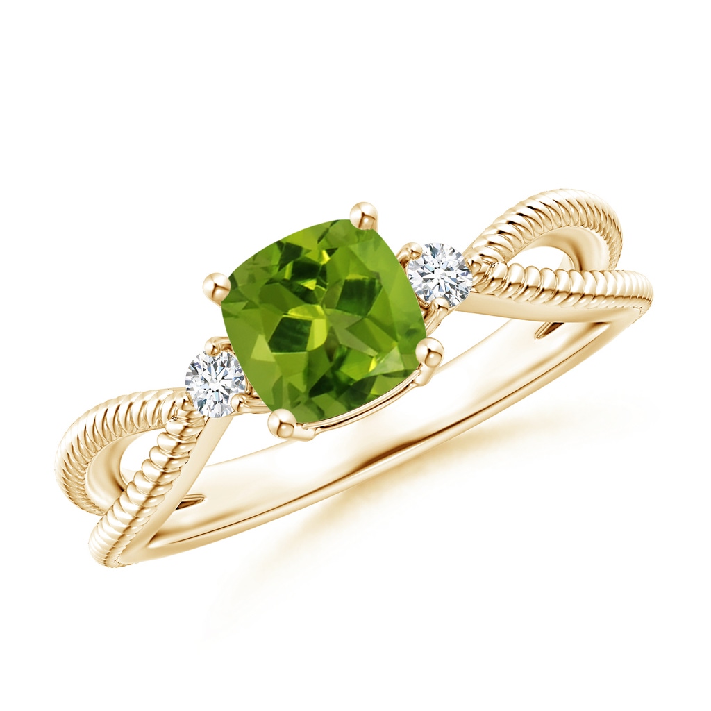 6mm AAAA Cushion Peridot Split Shank Ring with Rope Detailing in Yellow Gold 