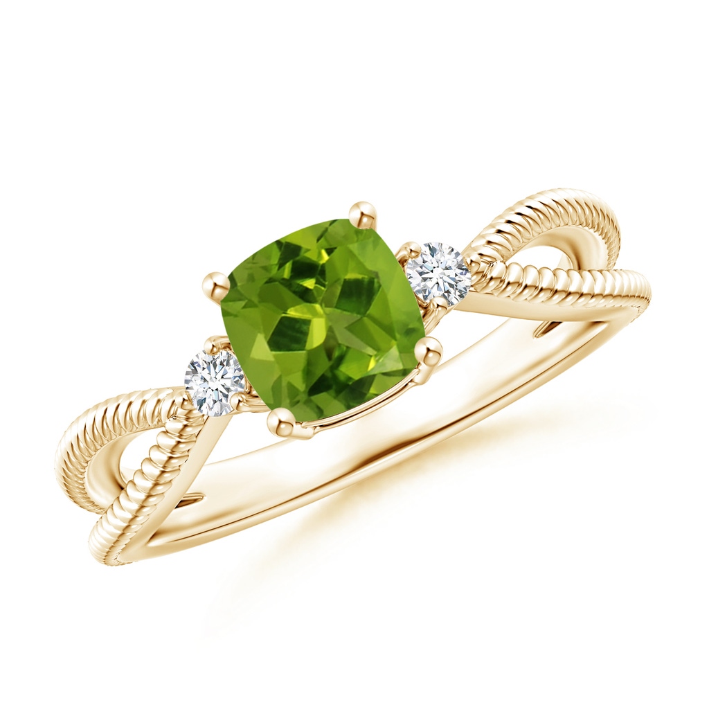 6mm AAAA Cushion Peridot Split Shank Ring with Rope Detailing in Yellow Gold