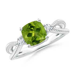 7mm AAAA Cushion Peridot Split Shank Ring with Rope Detailing in P950 Platinum